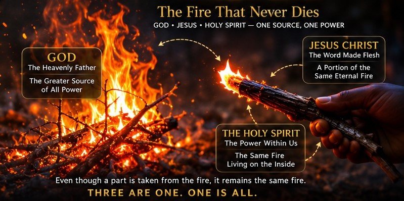 A blazing fire with a burning branch carried from the same flame, illustrating one source and the same fire